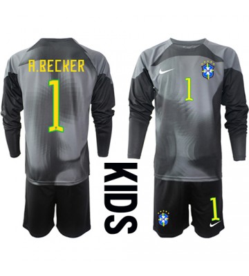 Brasilien Alisson Becker #1 Målmand Hjemmebanesæt Børn VM 2022 Lange ærmer (+ korte bukser)